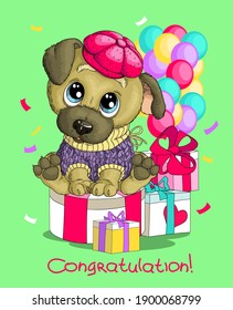 Vector humorous birthday illustration. A cute funny happy dog sits in a hat with gifts and balloons. Congratulations lettering