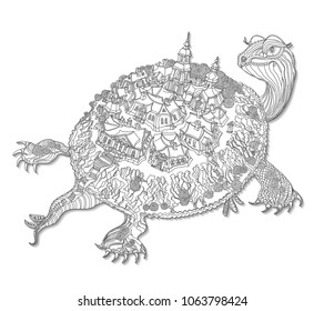 Vector humorous black and white outline contoured fantasy turtle silhouette with fairy landscape, trees,small town buildings and boats on a white background. T shirt print. Adults Coloring Book page