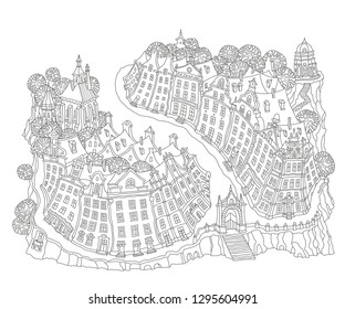 Vector humorous black and white outline contoured fantasy landscape, trees, fairy tale small town medieval buildings on a white background. T shirt print. Adults Coloring Book page 