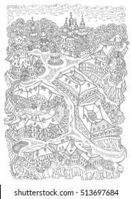 Vector humorous black and white outline contoured fantasy landscape, trees, fairy small town buildings and boats, church and garden on a white background. T shirt print. Adults Coloring Book page 