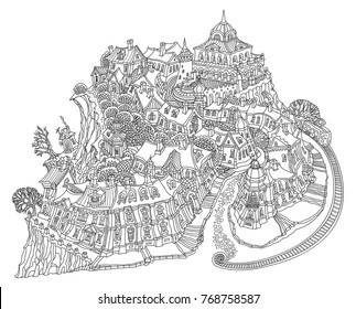 Vector humorous black and white outline contoured fantasy landscape, fairy small town buildings, street car, church and castle on a white background. T shirt print. Adults Coloring Book page 