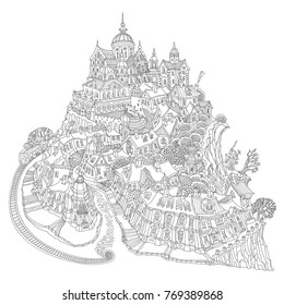 Vector humorous black and white outline contoured fantasy landscape, fairy small town buildings, street car, church and castle on a white background. T shirt print. Adults Coloring Book page 