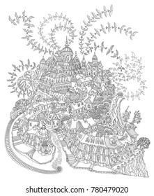 Vector humorous black and white outline contour fantasy landscape, fairy small town buildings, street car, church and castle, flying birds on a white background. T shirt print. Adults Coloring Book pa