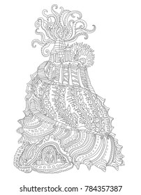 Vector humorous black and white outline contoured fantasy underwater sea landscape, fairy seashell with town buildings, temple, octopus tentacles on white background. T shirt print. Coloring Book page