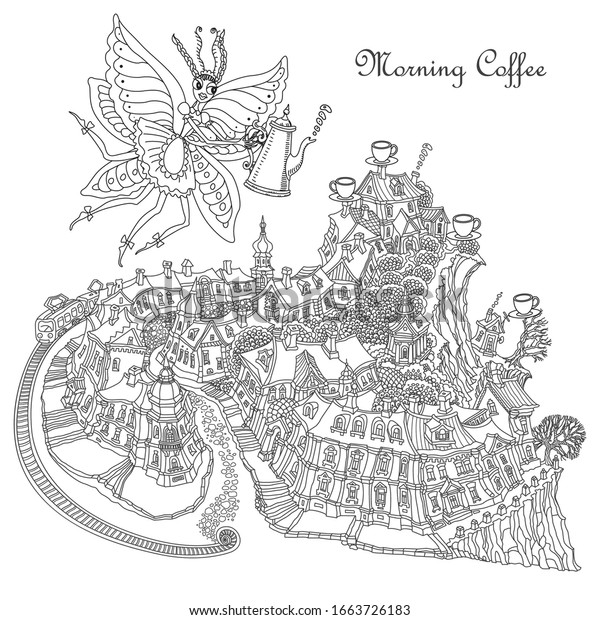 Vector humorous black and white outline contour\
fantasy landscape, fairy small town buildings, street car, castle,\
flying butterfly lady with coffee pot on a white background.Adults\
Coloring Book page