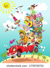 Vector. Humorous bright illustration. Cheerful big friendly family is driving a retro car on vacation. Loaded with suitcases and outdoor gear. Dad is driving and passengers.