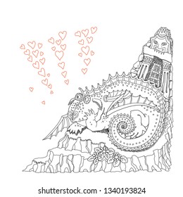 Vector humorous cartoon fairy tale rocky island landscape with fat dragon dreaming of love. Hand drawn black and white doodle sketch. Tee shirt fantasy print. Adults and children coloring book page