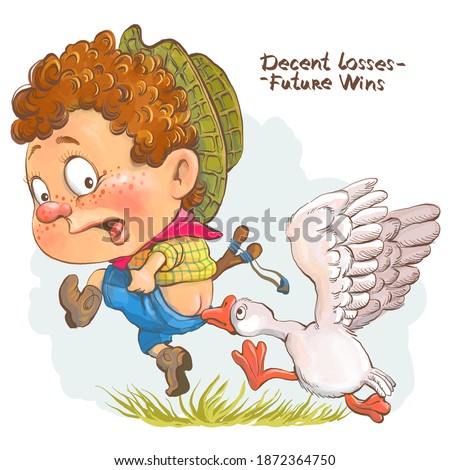 Vector humorous cartoon. A funny boy runs away from a goose that attacked him. With the phrase "Worthy losses - future victories." The concept of the ability to take a punch.