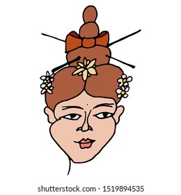 Vector humorous characteristic portrait freehand drawing of a japanese geisha