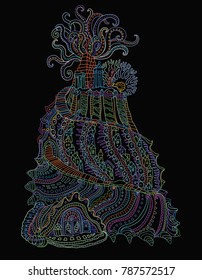 Vector humorous colored outline fantasy underwater sea Atlantis landscape, fairy seashell with small town buildings, temple, octopus tentacles on a black background. T shirt print. Embroidery contour
