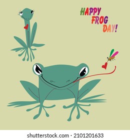 Vector humorous greeting card, leaflet, banner, frog holiday flyer