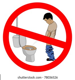vector humorous illustration of a boy peeing on toilet seat
