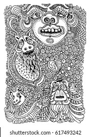 Vector humorous illustration of crazy dogs and monsters. Black and white doodle drawing, auto trace of hand drawn sketch. Adults and children coloring book vertical page, cover, pop art  t shirt print