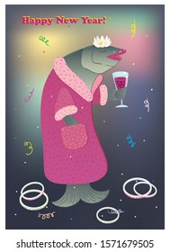 Vector humorous illustration with New Year Russian dish herring fish in a fur coat