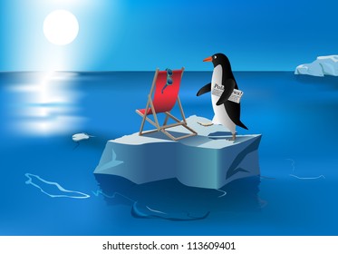 vector humorous illustration of penguin on melted iceberg, eps10 illustration, gradient mesh and transparency used