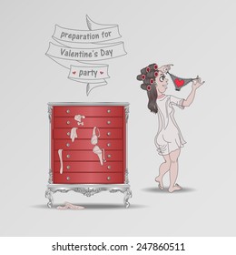 Vector humorous illustration with red chest of drawers and girl preparing for Valentine's Day party