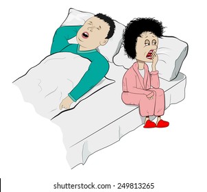 Vector Humorous Illustration of Snoring Husband and Sleepy Wife, Raster Version Available