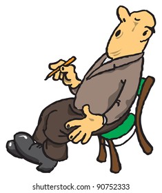 Vector humorous illustration. Surprised man with pen in hand.