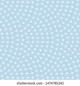 Vector humorous seamless fan shaped pattern from little white airplanes silhouette on a blue background. Aviation wallpaper, travel wrapping paper, batik, childish aircraft textile print