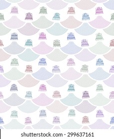 Vector humorous seamless pattern from colorful little octopus silhouette with decorative ethnic ornaments and colored water drops fountain on white background.