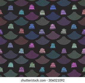 Vector humorous seamless pattern from colorful little octopus silhouette with decorative ethnic ornaments and colored water drops fountain on a black background.