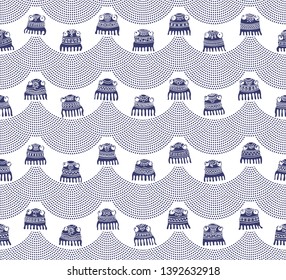 Vector humorous seamless pattern from dark indigo blue little octopus silhouette with decorative ethnic ornaments and water drops fountain on white background.Wallpaper, wrapping paper, shower curtain