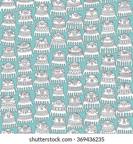 Vector humorous seamless pattern from doodle little octopus silhouette with decorative ethnic ornaments and turquoise water drops. Black and white hand drawn sketch. Coloring book page. Tile print