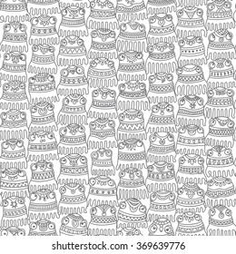 Vector humorous seamless pattern from doodle little cartoon octopus silhouette with decorative ethnic ornaments. Black and white hand drawn sketch. Coloring book page. Tile print. Wrapping paper