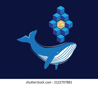 A vector of humpback whale with blockchain and NFT token. Follow the whale in non fungible token trading.