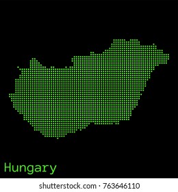 Vector Hungary map dotted silhouette with green dots on a black background (as on old ancient computers running DOS)