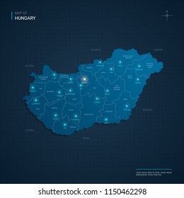 Vector Hungary map illustration with blue neon lightpoints - triangle on dark blue gradient background. Administrative divisions, cities, borders, capital. Neon tech background with glow. 
