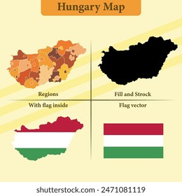 Vector Hungary map vector states and lines and full with vector flag and flag map