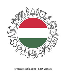 Vector Hungary school background, with black linear icons on white. Education pattern with modern line style icons and Hungarian flag.