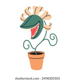 Vector hungry carnivorous plant in pot. Happy Halloween. Venus fly trap catches a fly. Vector illustration	