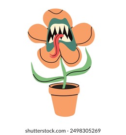 Vector hungry carnivorous plant in pot. Happy Halloween. Vector illustration	