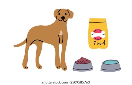 Vector hungry dog with food and water in bowl isolated on white background. Domestic or homeless animal and dry crispy food feeding. Cute vector character. Veterinary, rescuing, adoption or donate 