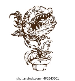 vector hungry evil carnivorous plant in pot sketch tattoo