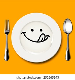 Vector Of Hungry Face Draw On White Plate With Spoon And Fork On Yellow Background