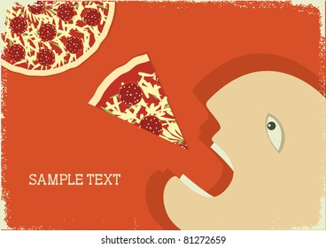 Vector hungry man and pizza. Vector grunge poster