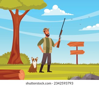 Vector hunter with cartoon man and hunting dog