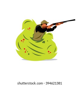 Vector Hunter man Cartoon Illustration. A man with a gun shoots from the bush. Branding Identity Corporate Logo isolated on a white background