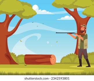 Vector hunter with shooting cartoon illustration