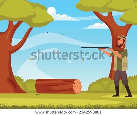 Vector hunter with shooting cartoon illustration