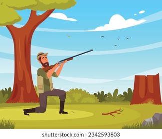 Vector hunter with shooting man cartoon character