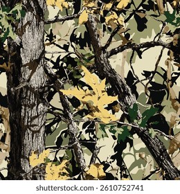 Vector hunting camouflage background. Tree seamless pattern. Jungle texture. Forest background. Digital camouflage. 