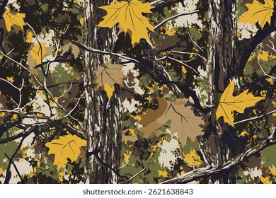 Vector hunting camouflage design. Seamless pattern. Real tree camouflage background. Forest texture. jungle background. Digital camouflage. Abstract grunge camo pattern	