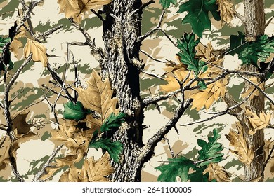 Vector hunting camouflage design. Seamless pattern. Hunting background. Forest. Jungle texture. Real tree pattern. Woodland. Digital camouflage. Oak maple tree pattern.