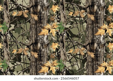 Vector hunting camouflage pattern. Real tree camouflage seamless pattern. Hunting camouflage background. Military camo design