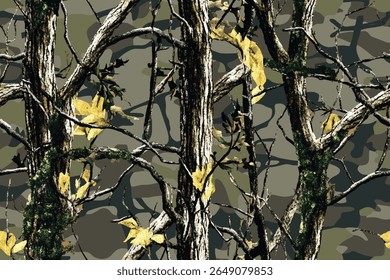 Padrão de camuflagem de caça ao vetor. Padrão de camuflagem de árvore real sem costura. Fundo de camuflagem de caça. Projeto de camo militar. Câmera digital. Resumo