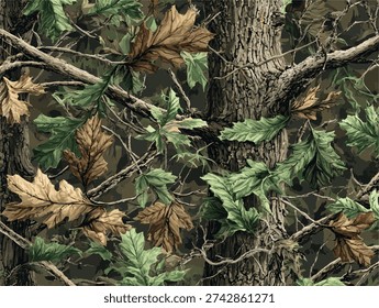 Vector hunting camouflage pattern. Real tree camouflage seamless pattern. Hunting camouflage background. Military camo design.